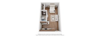 A 3D floor plan of a small apartment with a kitchen, living room, and bathroom.