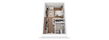 A 3D floor plan of a small apartment with a kitchen, living room, and bathroom.