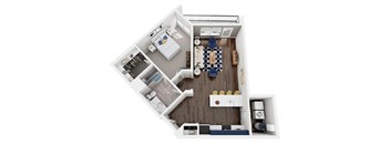 A top-down view of a small apartment with a bedroom, living room, and kitchen.