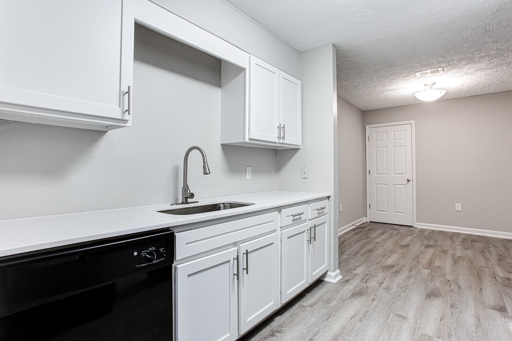 Modern kitchen with wood-like flooring and large sink Ascend at Stone Mountain apartments. Stone Mountain, GA 30088.