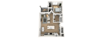 A 3D rendered image of a house layout.