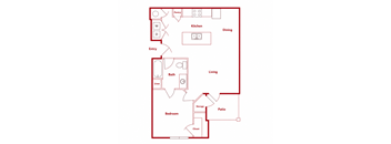 A floor plan of a house with labeled rooms such as kitchen, living room, and bathroom.
