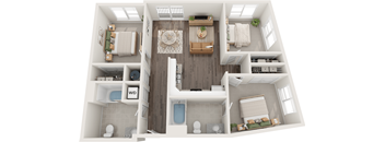 A 3D floor plan of a small apartment with a living room, kitchen, and bathroom.