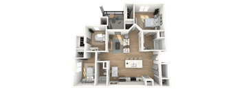 A 3D floor plan of a house with multiple rooms and furniture.