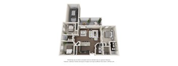 A 3D floor plan of a house with a kitchen, living room, and bedrooms.