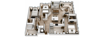 A 3D layout of a house with various rooms and furniture.