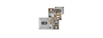 a stylized floor plan with a bedroom and living room and a car