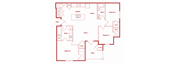 A red floor plan of a house with labeled rooms.