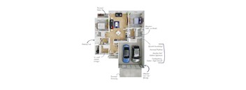 A diagram of a house layout with a kitchen, living room, and two bedrooms.