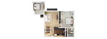 A floor plan of a small apartment with a kitchen, living room, and two bedrooms.