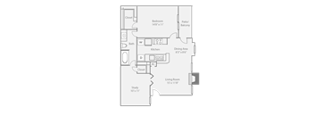 A black and white image of a floor plan for a small apartment.