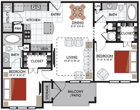 2 bedroom B1 floor plan 2380 Main at Sugarloaf Duluth, GA
