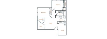 A floor plan of a house with two bedrooms, a living room, a kitchen, a dining room, a bathroom, a linen closet, and a storage closet.