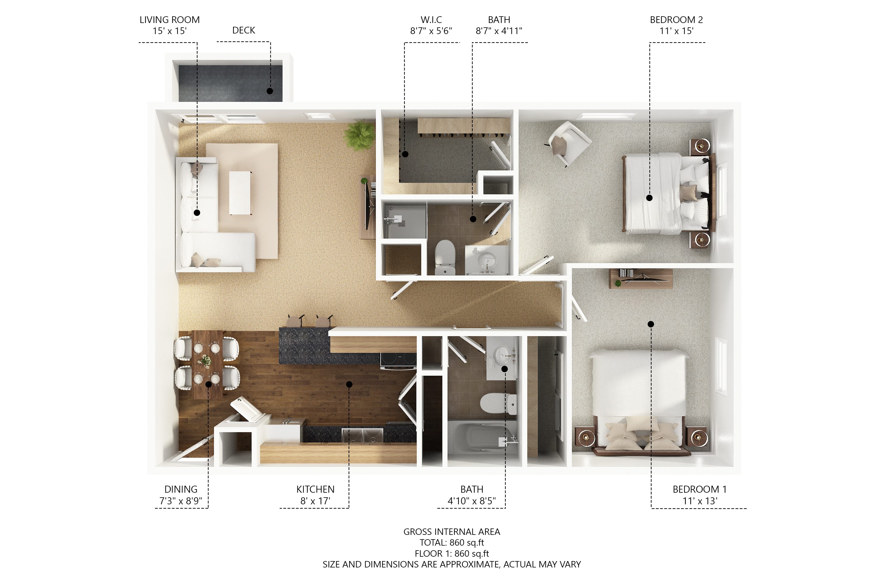 A floor plan of a small apartment with a living room, kitchen, two bedrooms, and a bathroom.