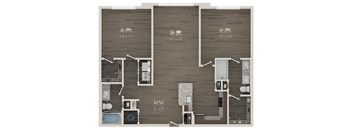 A floor plan of a small apartment with a kitchen, living room, and bathroom.