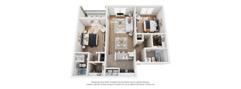 A 3D floor plan of a house with a kitchen, living room, and bathrooms.