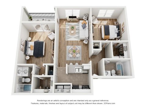 A 3D floor plan of a house with a kitchen, living room, and bathrooms.