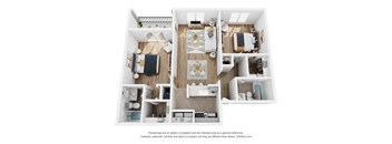 A 3D floor plan of a house with a kitchen, living room, and bathrooms.