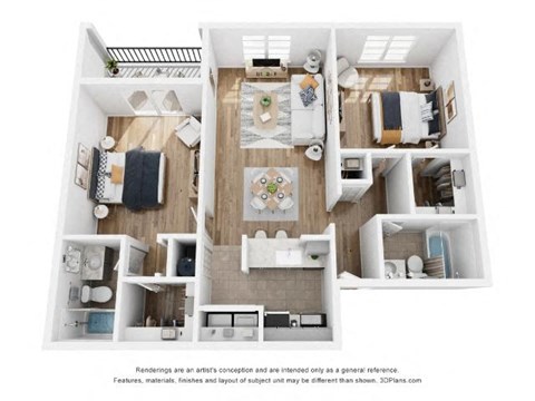 A 3D floor plan of a house with a kitchen, living room, and bathrooms.