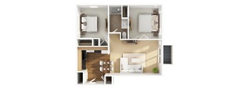 A top-down view of a modern apartment layout with a living room, kitchen, and bedrooms.