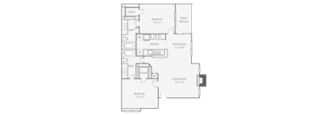 A floor plan of a house with a living room, dining area, kitchen, and two bedrooms.