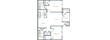 A floor plan of a home with a living room, dining room, kitchen, two bedrooms, a bathroom, and a storage area.