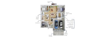 A floor plan of a house with a kitchen, living room, and two bedrooms.