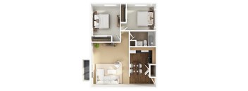 A top-down view of a small apartment with a kitchen, living room, and bathroom.