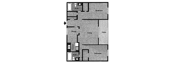 A floor plan of a house with a living room, dining room, kitchen, and two bedrooms.