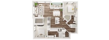 A top-down view of a modern apartment layout with a kitchen, living room, and bedrooms.