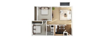 A top-down view of a small apartment with a kitchen, living room, and bathroom.