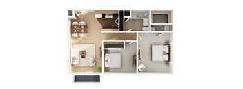 A top-down view of a small apartment with a kitchen, living room, and bedroom.