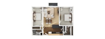 A top-down view of a small apartment with two bedrooms, a living room, and a kitchen.