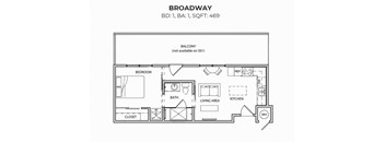 A floor plan of an apartment in Broadway with a balcony on the second floor.