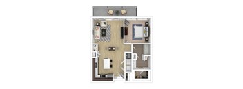 A top-down view of a small apartment with a living room, kitchen, and bedroom.