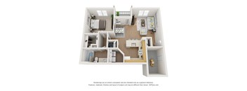this is a 3d floor plan of a 888 square foot 1 bedroom apartment at the