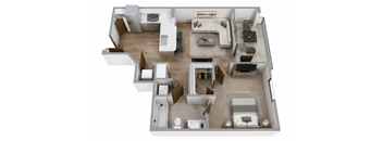 A top-down view of a house interior with a living room, kitchen, and bedrooms.