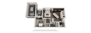A 3D floor plan of a small apartment with a kitchen, living room, and bedroom.
