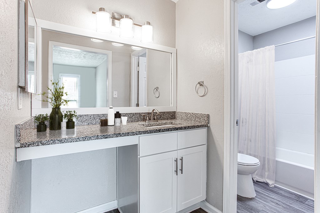 a bathroom with a large mirror and a sink at The Ellis Apartments, Clarkston, GA