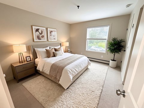 A bedroom with a large bed, two lamps, and a potted plant.