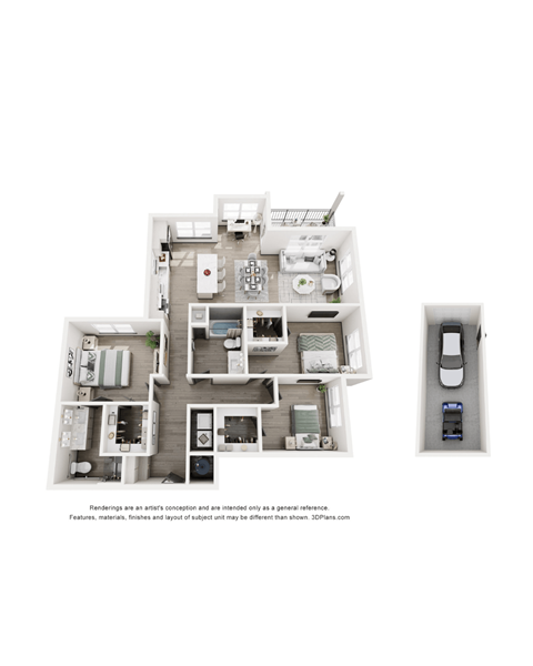 A floor plan of a house with a kitchen, living room, and two bedrooms.