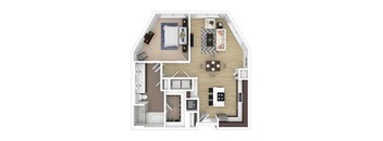 A top-down view of a house layout with a living room, kitchen, and bedrooms.