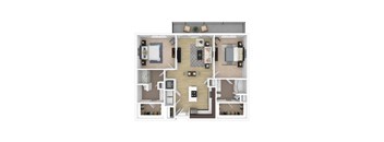 A top-down view of a house layout with a kitchen, living room, and bedrooms.