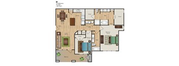 A floor plan of a home with two bedrooms, two bathrooms, and a living area.