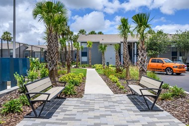 a pathway with benches and palm trees in front of a building