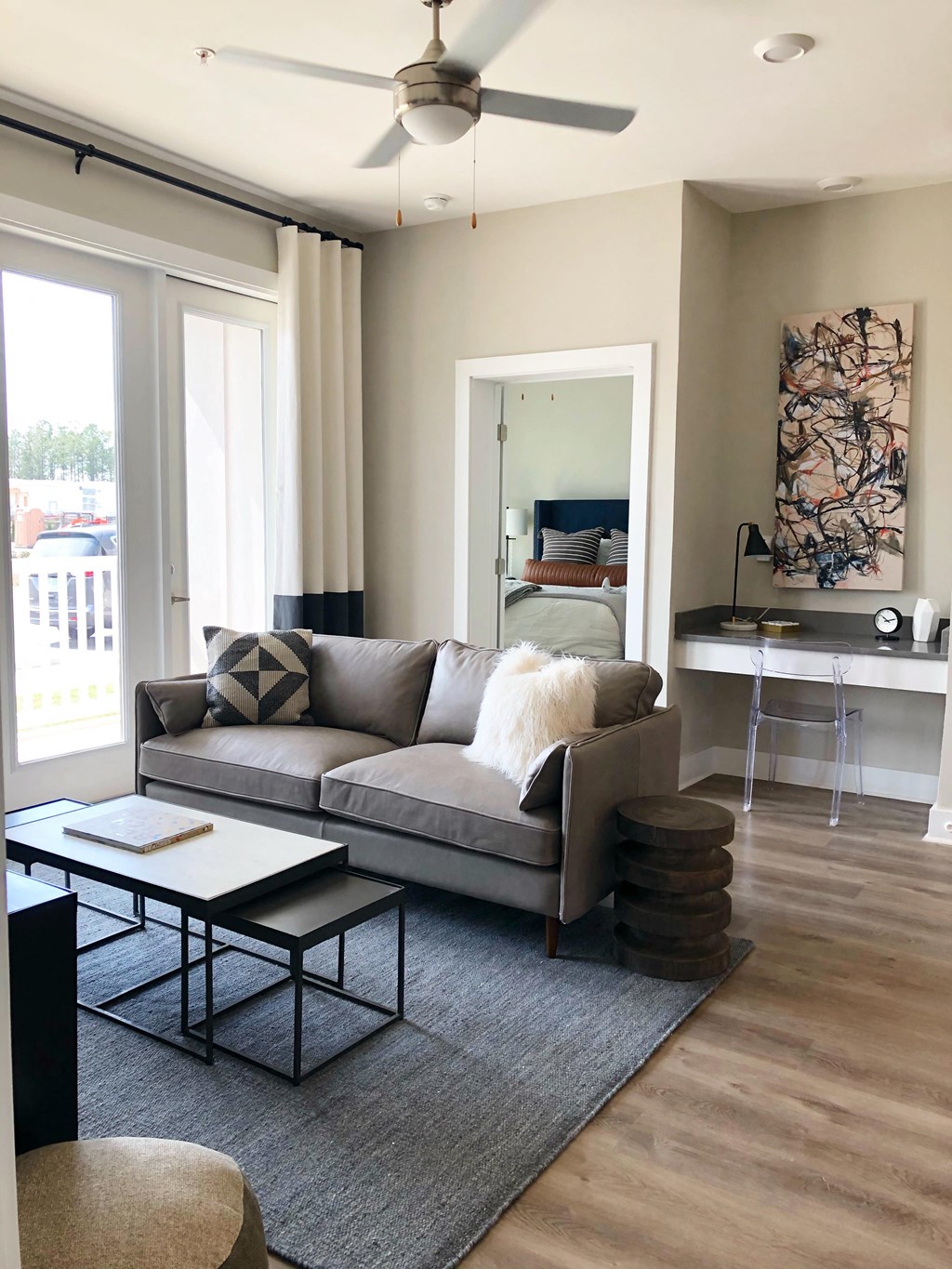 a living room with a couch and a table