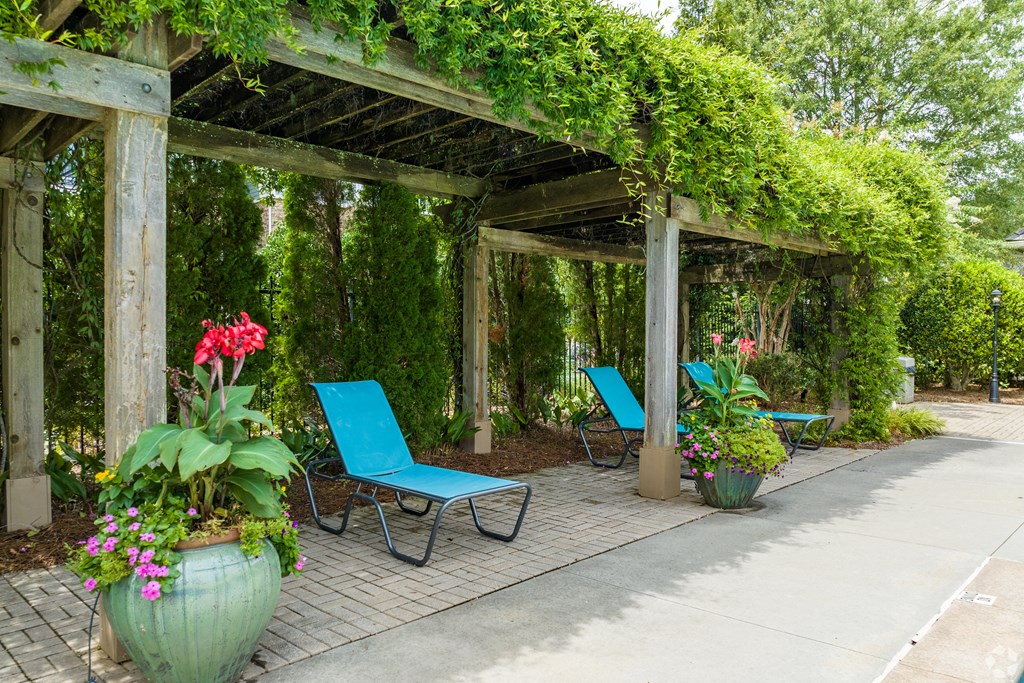 Overlook at Gwinnett Stadium cabanas with lounge chairs. Lawrenceville, GA.