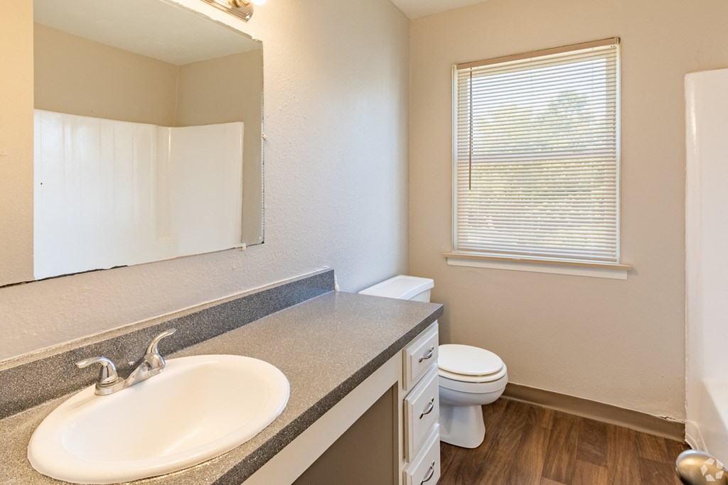 a bathroom with a toilet sink and mirror