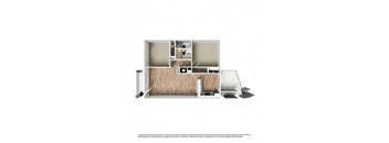 A rendering of a house layout with a kitchen, living room, and bathrooms.