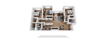 A 3D floor plan of a small apartment with two bedrooms and a living area.